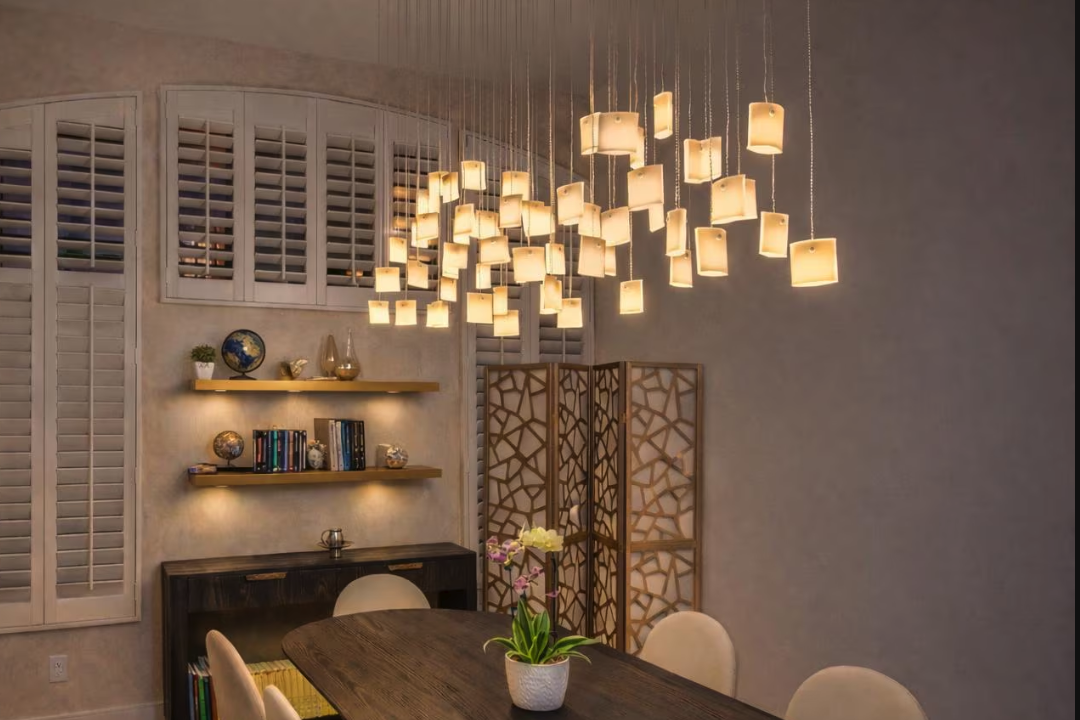 Moderne Esszimmer-Statement-Stück: Mehrschichtige Glas-Kronleuchterbeleuchtung